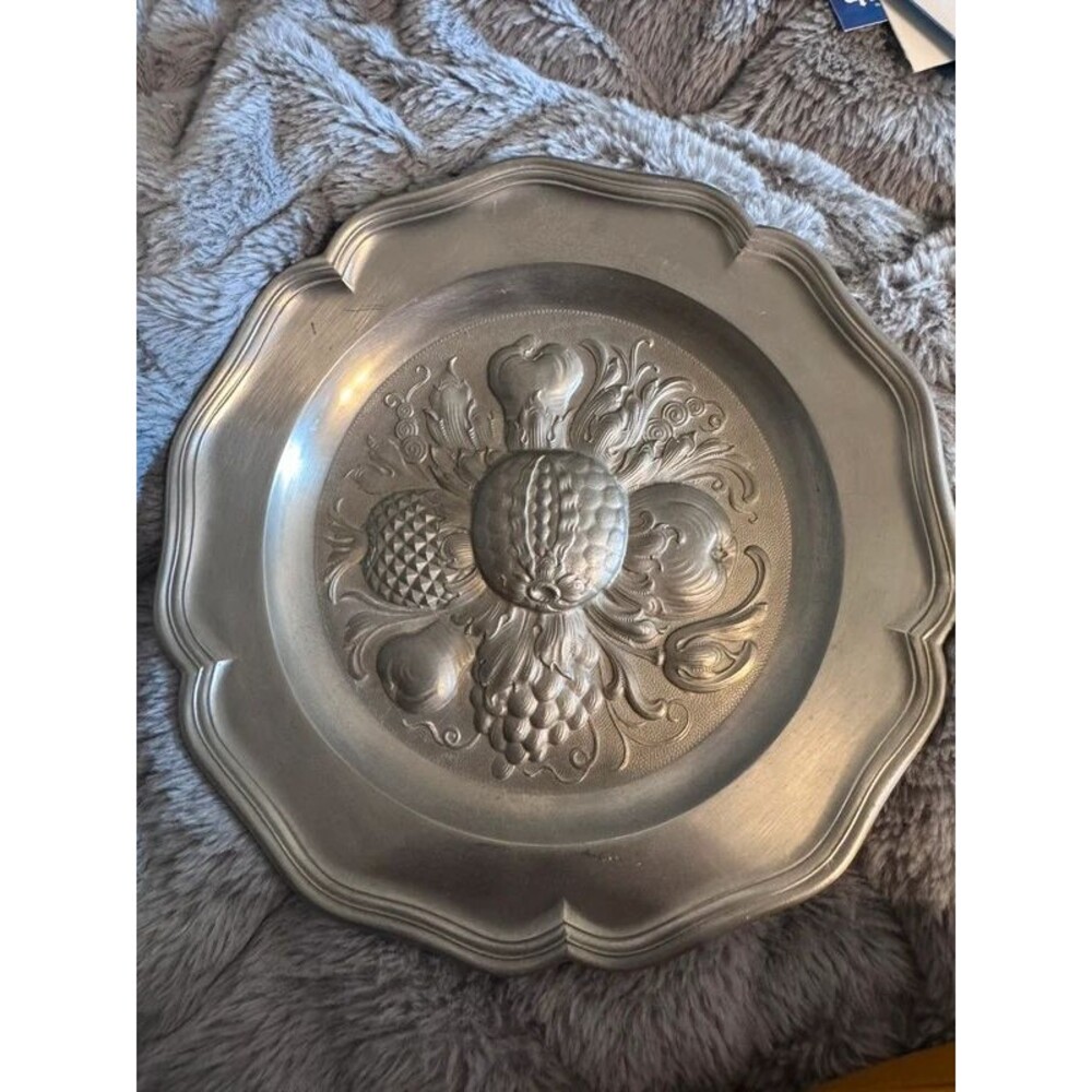 Vintage Frieling Zinn Germany Pewter 9" Wall Hanging Plate/Embossed Fruit Motif